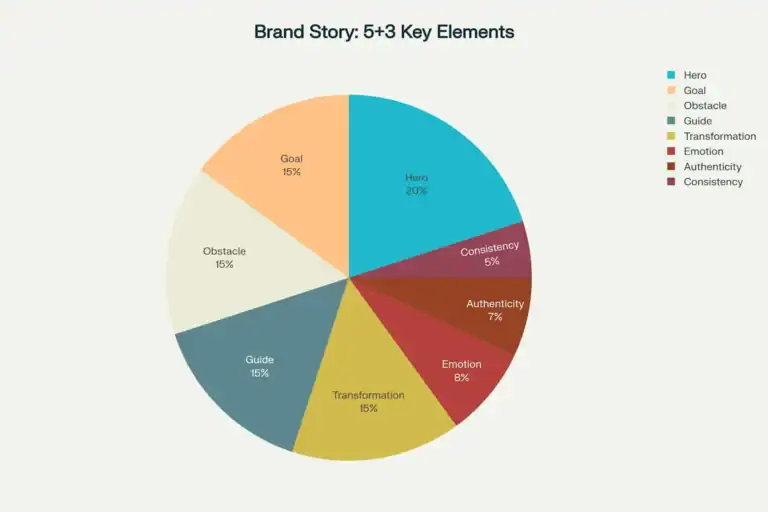 Brand Story Pie Chart: 5 Key Elements (Hero, Goal, Obstacle, Guide, Transformation) plus 3 (Emotion, Authenticity, Consistency)